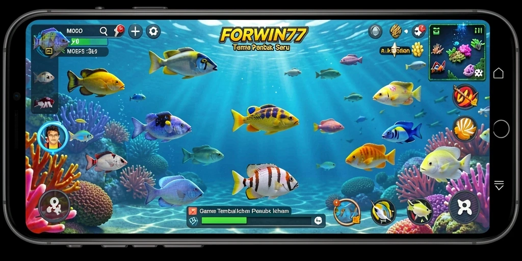 Tampilan gameplay seru dalam FORWIN77 saat menembak ikan.