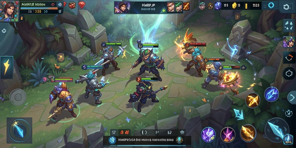 Tangkapan layar gameplay HARAPJP yang penuh aksi MOBA.
