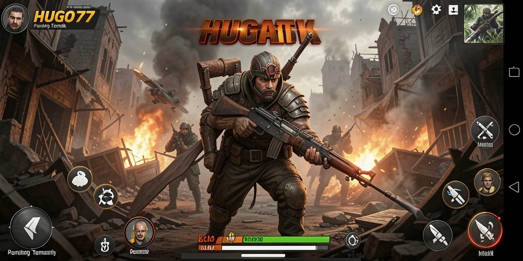 Screenshot HUGO77 menunjukkan aksi pertempuran intens di arena FPS.