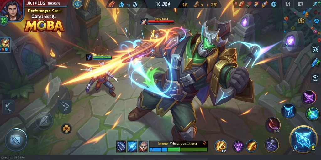 Gameplay seru JKTPLUS di arena pertempuran MOBA.