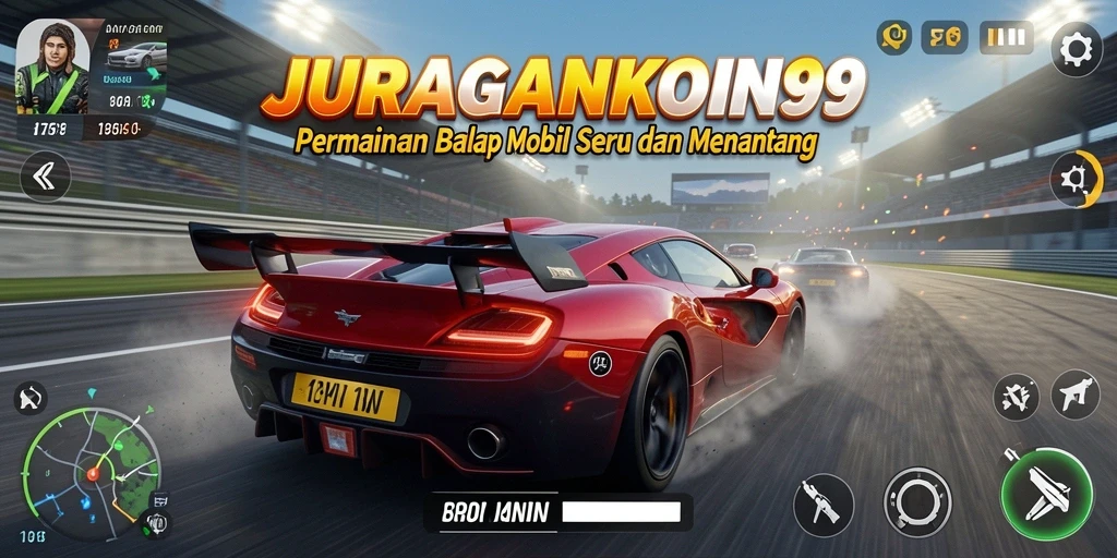 Tangkapan layar gameplay JURAGANKOIN99 menampilkan mobil balap cepat di lintasan.