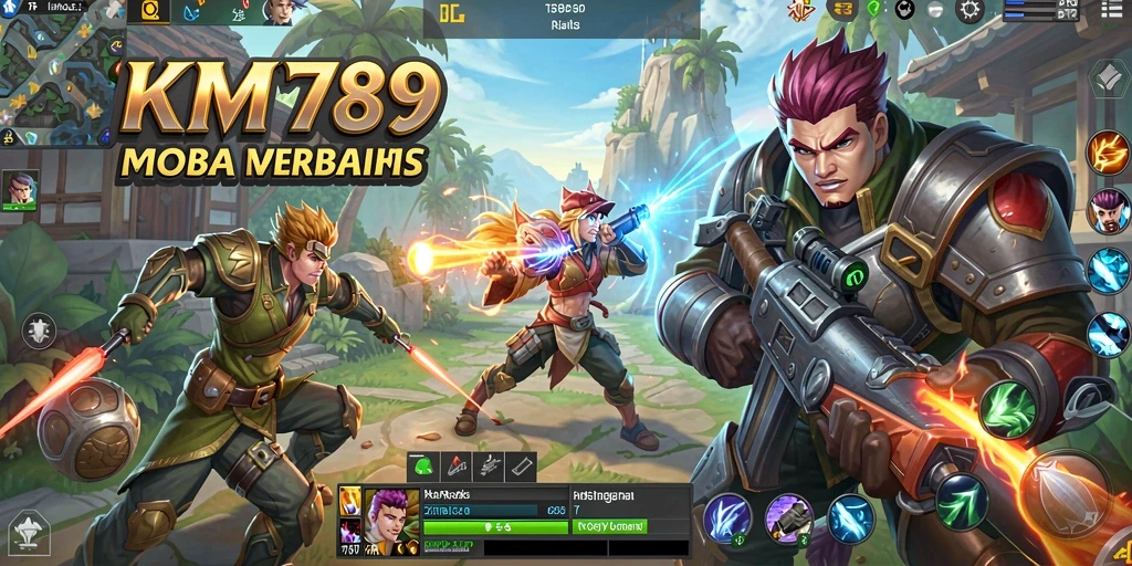 Screenshot gameplay KM789 menampilkan pertempuran seru di arena MOBA.
