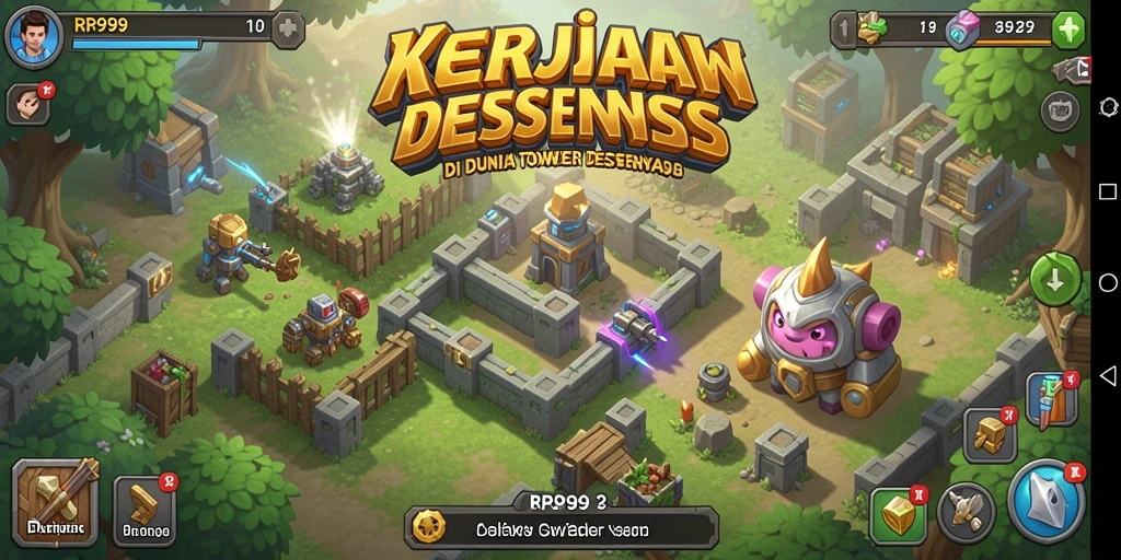 Screenshot gameplay RR999 menampilkan pertahanan tower yang megah.